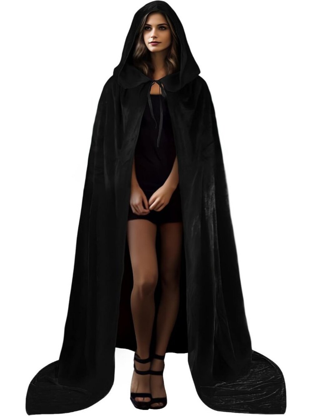 Adult Black Velvet Hooded Cloak Cape Halloween Witch Vampire Cosplay Costume